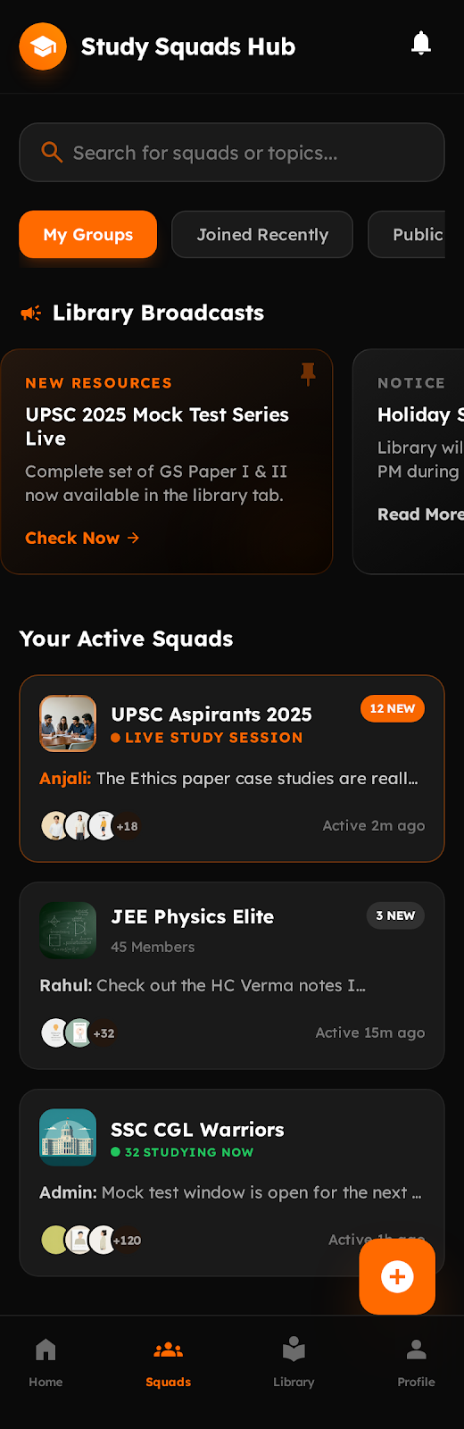 Study Groups screen mockup